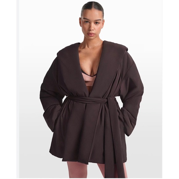 Nike x SKIMS Jackets & Blazers - NWOT Nike x SKIMS Woven Nylon Wrap Coat Umber Brown Hooded Belted Jacket  Size M